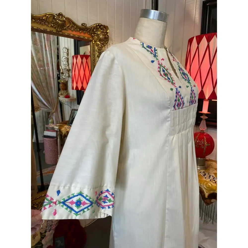 vintage 1970s cotton embroidered kaftan 70s loungewear southwestern maxi dress - Picture 5 of 10